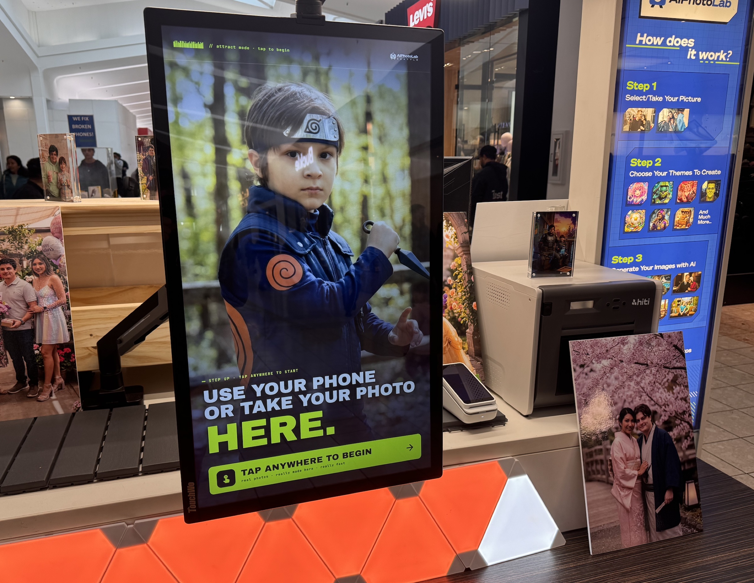 AI Photo Lab kiosk on the show floor — full-height touchscreen photo booth ready for a corporate pop-up activation in the greater Seattle area.